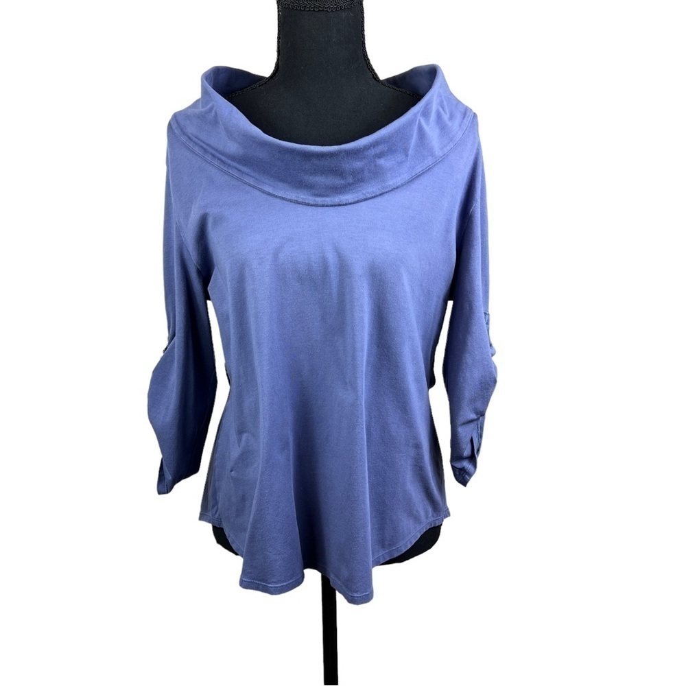 Soft Surroundings Top Size Large Petite Periwinkle Cowl Neck Tab 3/4 Sleeve